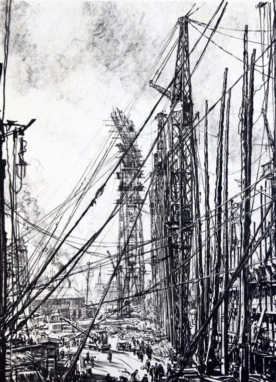 Sir Muirhead Bone (1876-1953) Ship building scenes 20 x 15in. & 15 x 20.5in., unframed